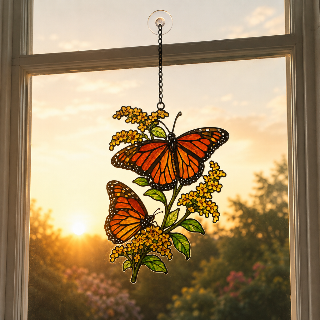 Monarch Butterflies & Golden Goldenrod Holographic Acrylic Suncatcher