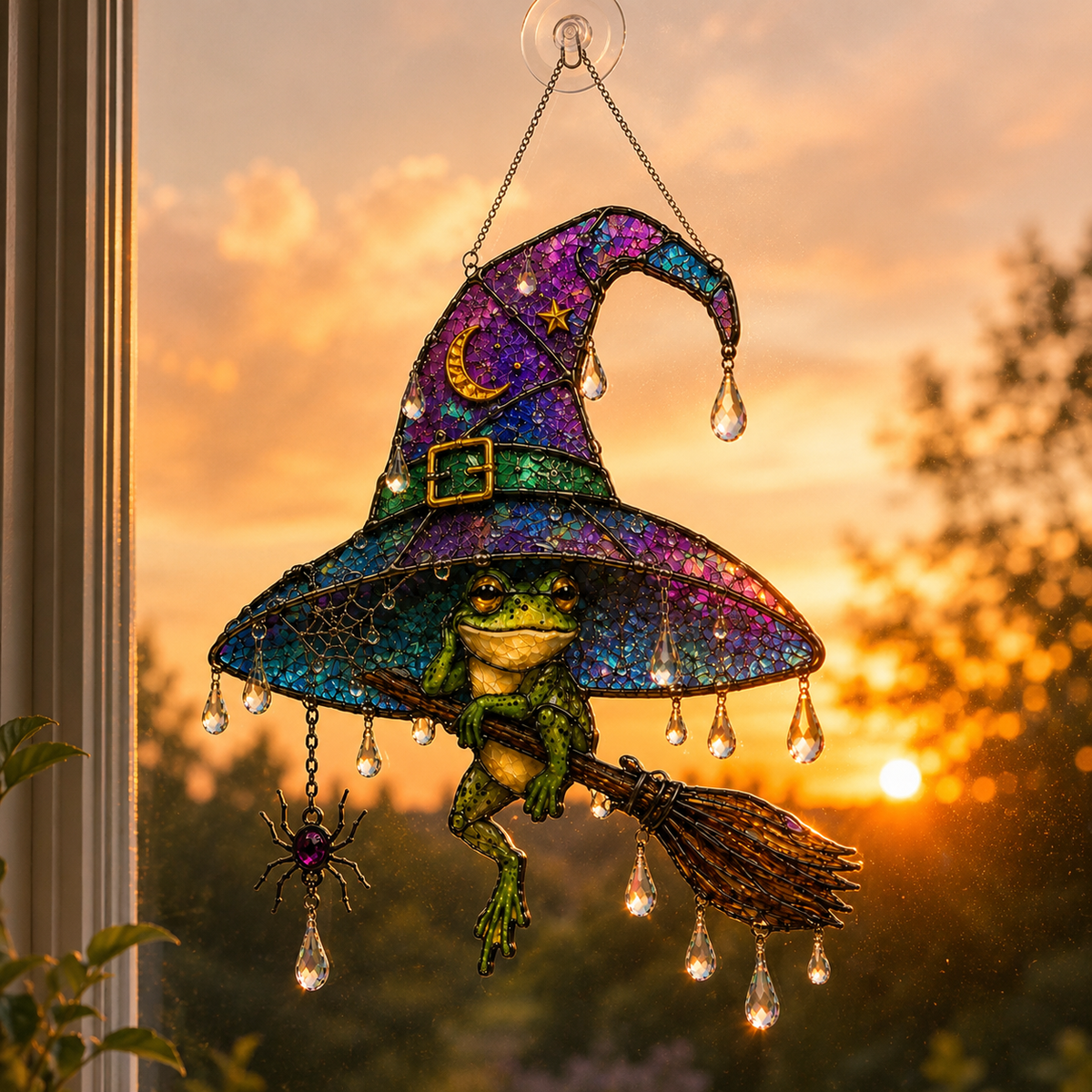 Witch Hat Frog & Broomstick Holographic Acrylic Suncatcher