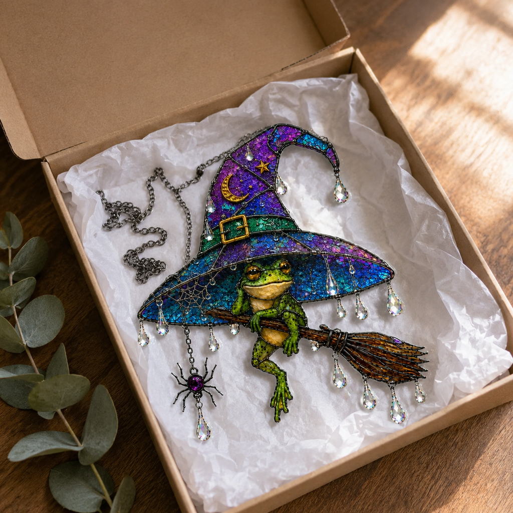 Witch Hat Frog & Broomstick Holographic Acrylic Suncatcher