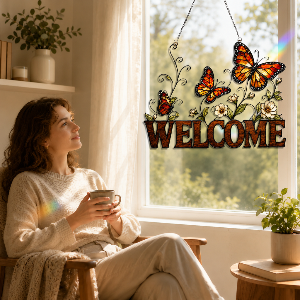 Butterfly Welcome Sign Holographic Acrylic Suncatcher