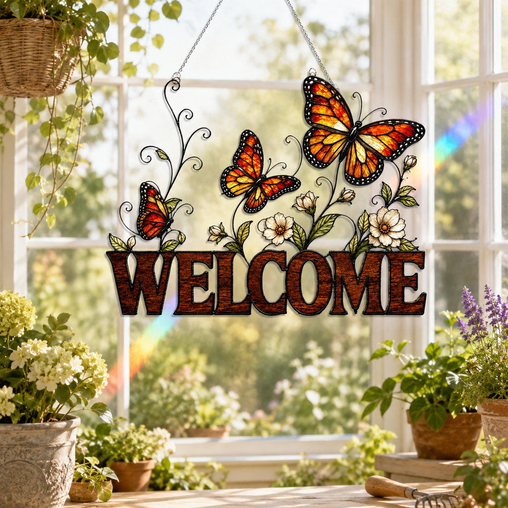 Butterfly Welcome Sign Holographic Acrylic Suncatcher