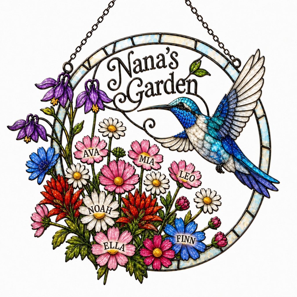 Personalized Nanny's Garden Hummingbird Holographic Acrylic Suncatcher