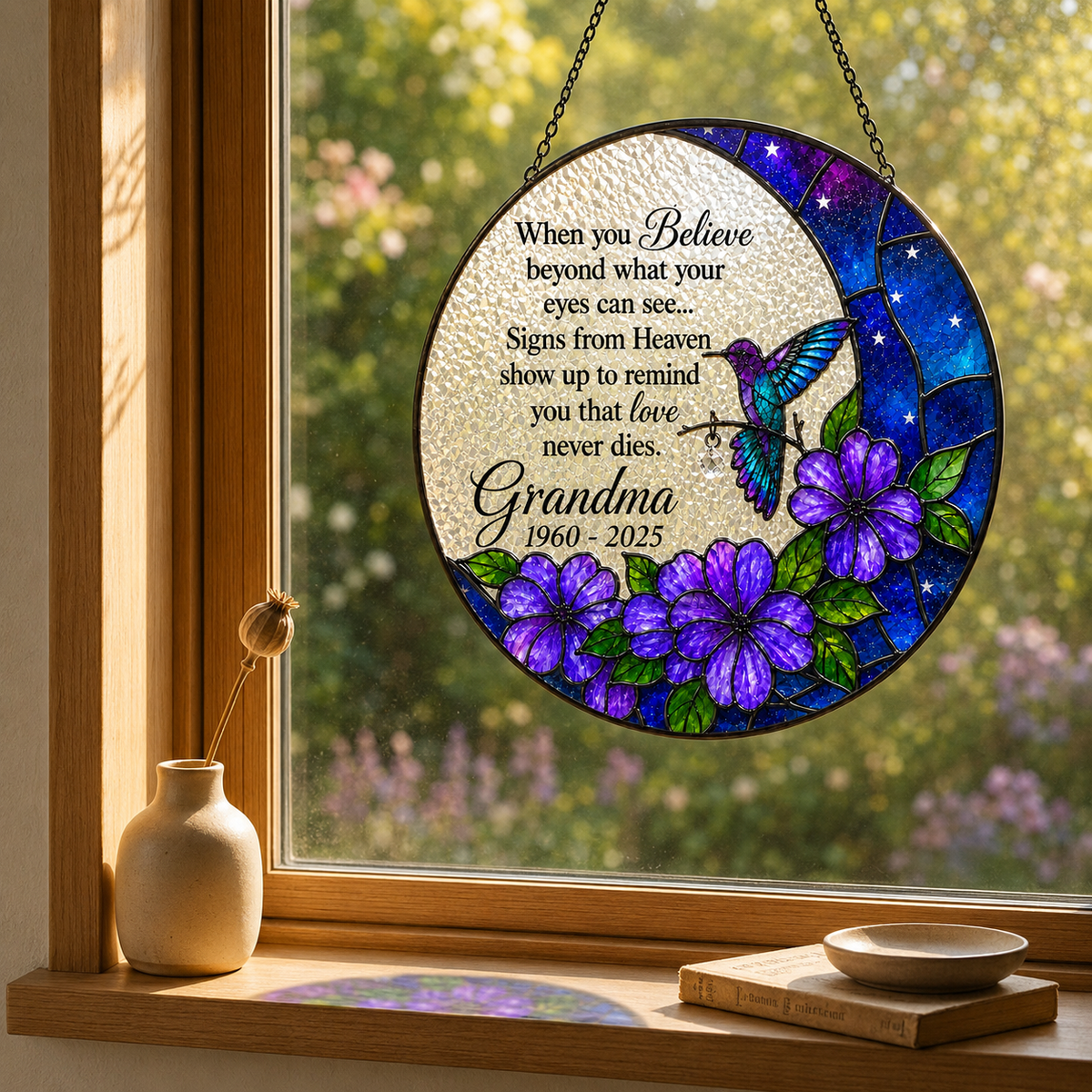 Personalized Hummingbird Moon Memorial Suncatcher