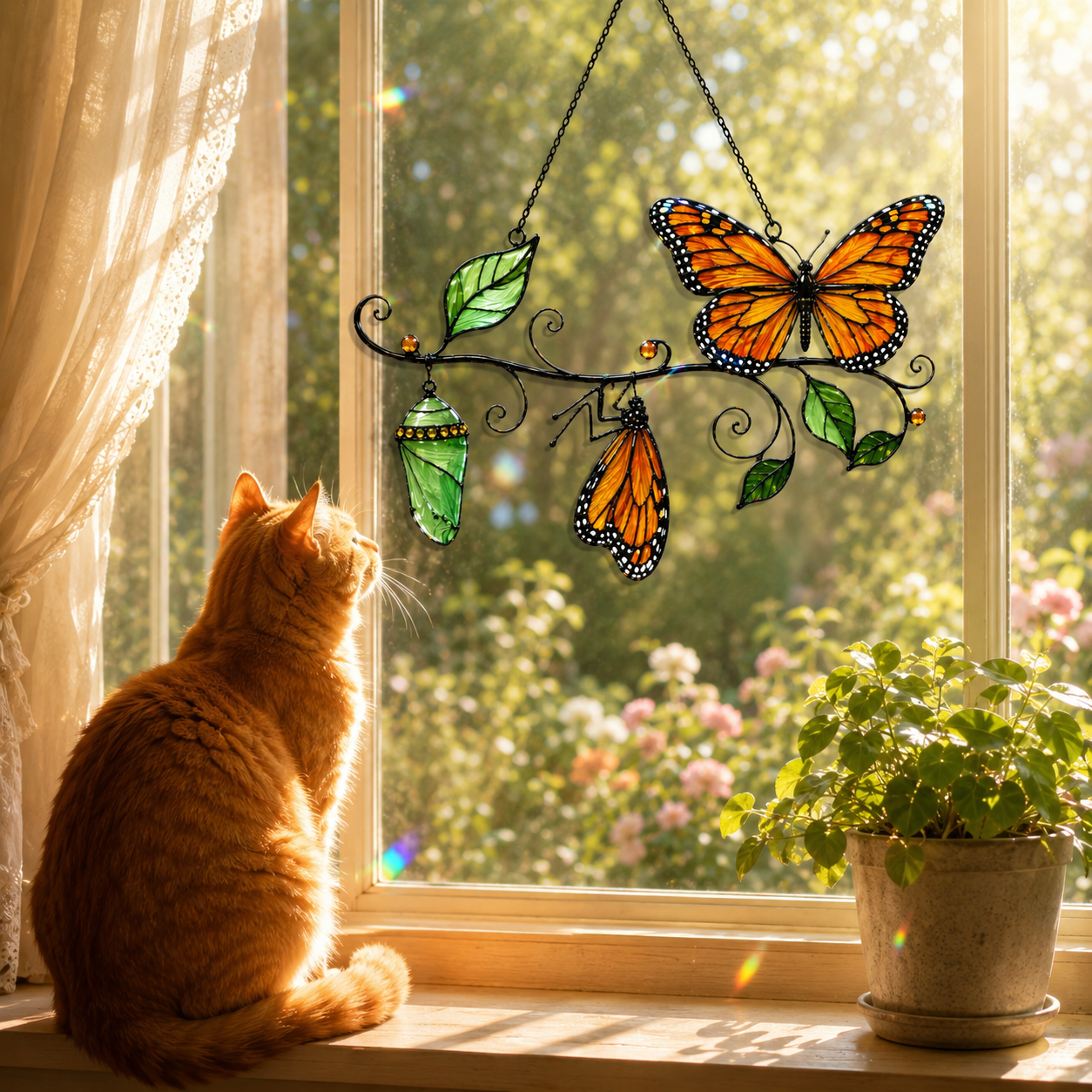 Monarch Butterfly & Chrysalis Branch Holographic Acrylic Suncatcher