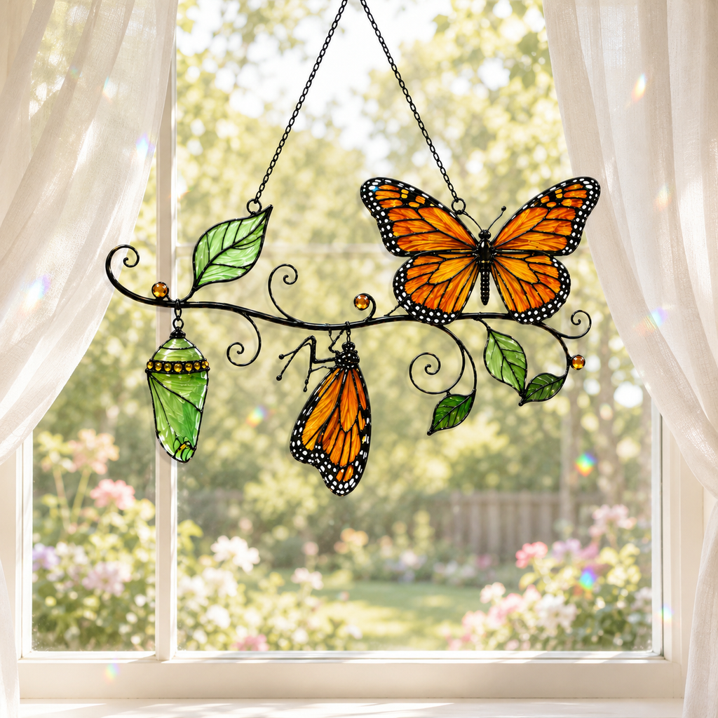 Monarch Butterfly & Chrysalis Branch Holographic Acrylic Suncatcher