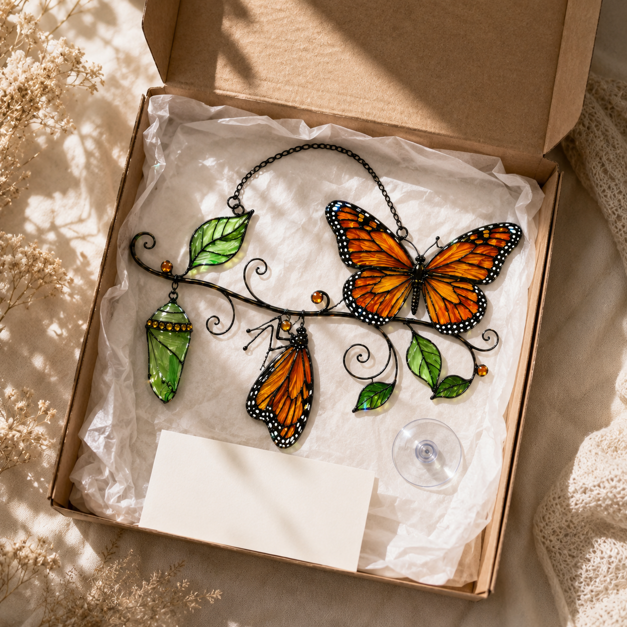 Monarch Butterfly & Chrysalis Branch Holographic Acrylic Suncatcher