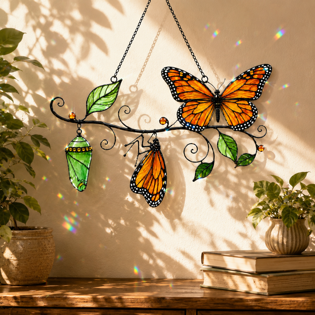 Monarch Butterfly & Chrysalis Branch Holographic Acrylic Suncatcher
