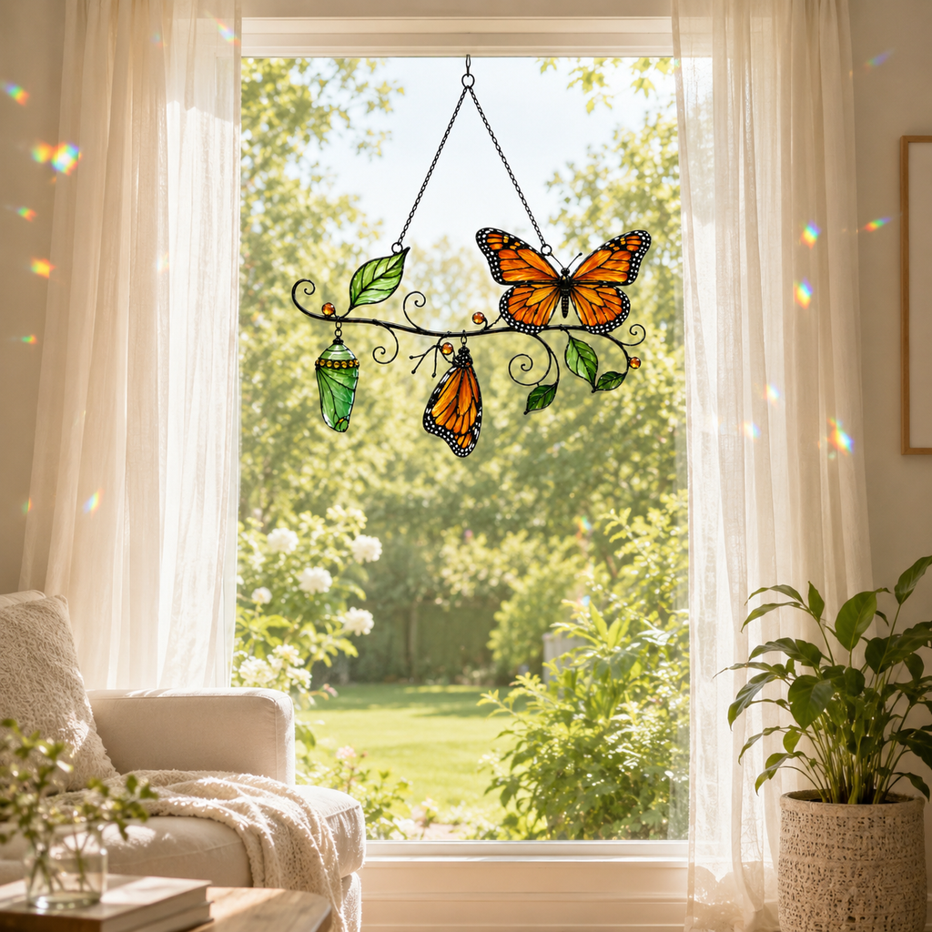 Monarch Butterfly & Chrysalis Branch Holographic Acrylic Suncatcher