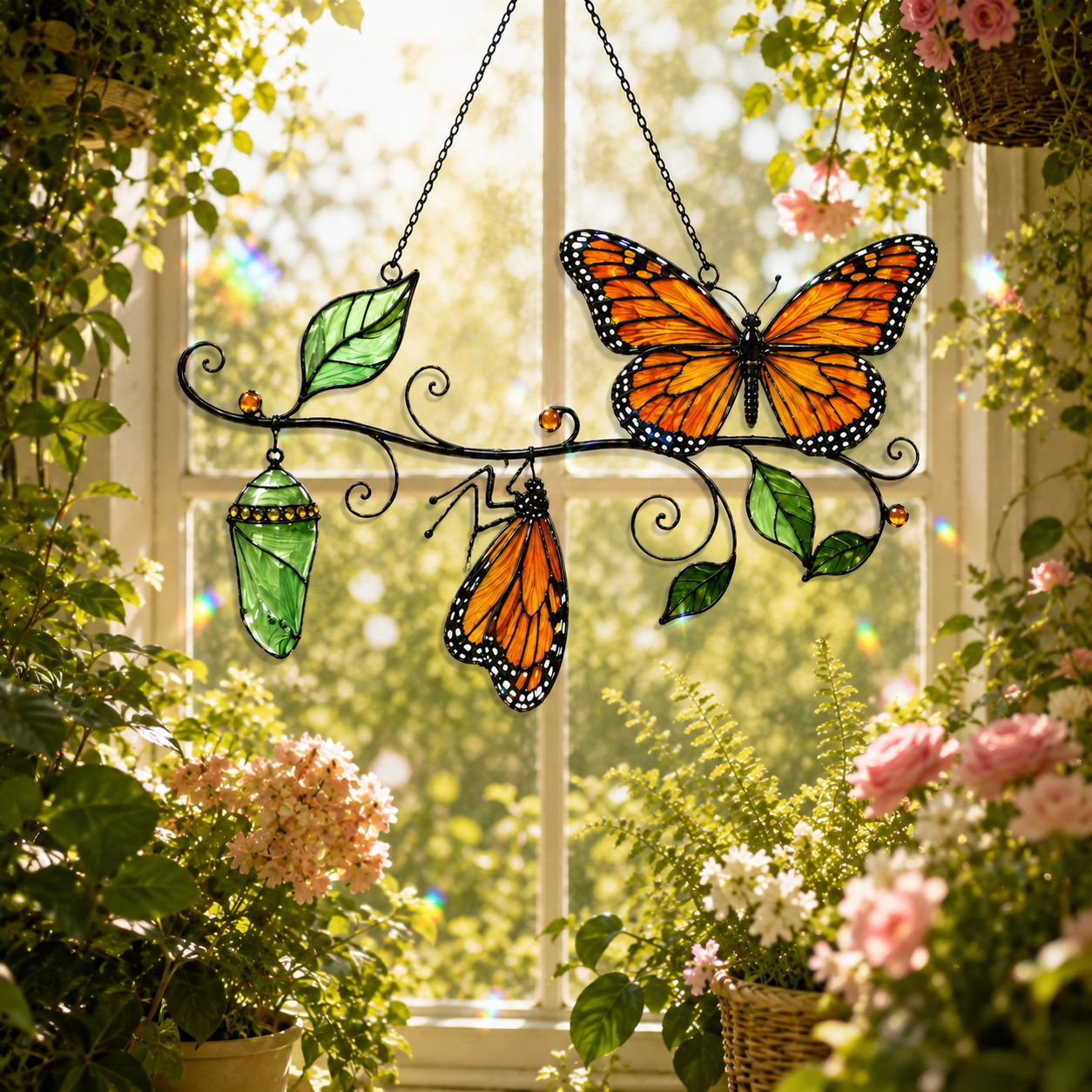 Monarch Butterfly & Chrysalis Branch Holographic Acrylic Suncatcher