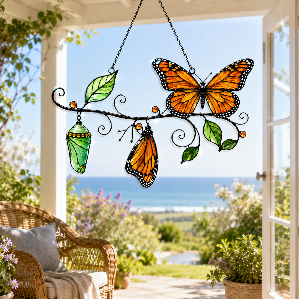 Monarch Butterfly & Chrysalis Branch Holographic Acrylic Suncatcher
