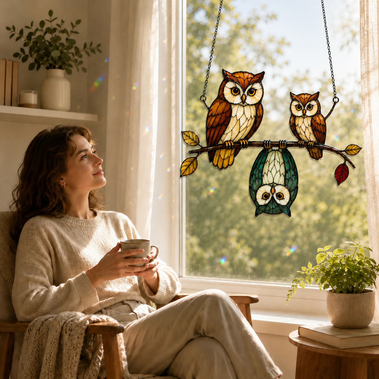 Owl Family on a Branch Holographic Acrylic Suncatcher