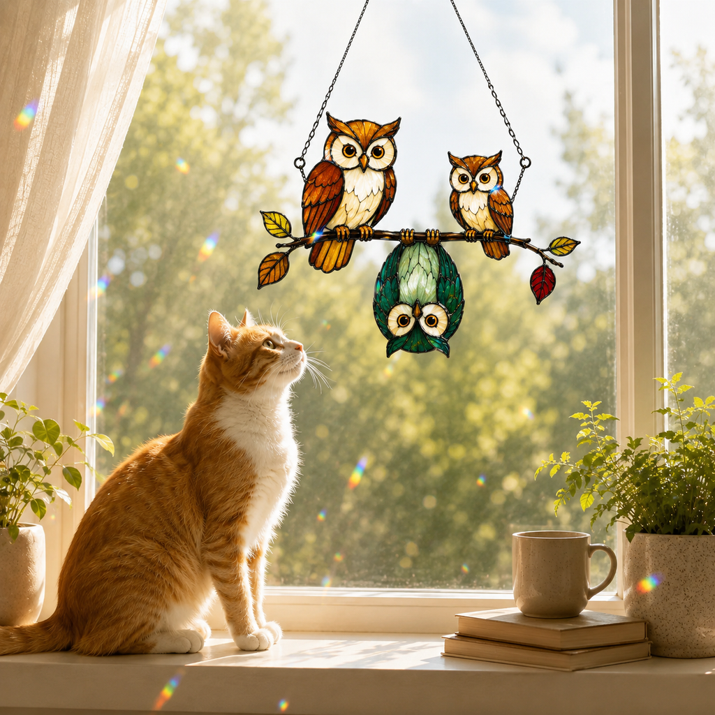 Owl Family on a Branch Holographic Acrylic Suncatcher