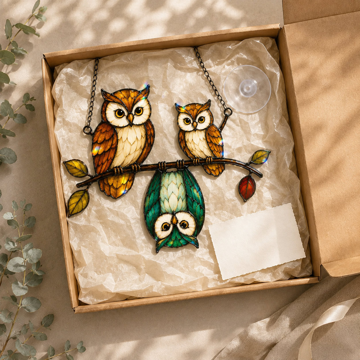 Owl Family on a Branch Holographic Acrylic Suncatcher