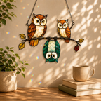 Owl Family on a Branch Holographic Acrylic Suncatcher