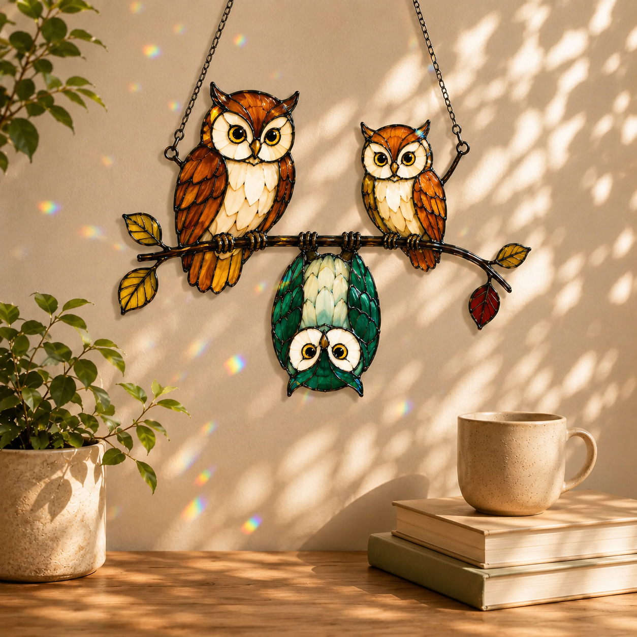Owl Family on a Branch Holographic Acrylic Suncatcher