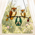 Owl Family on a Branch Holographic Acrylic Suncatcher
