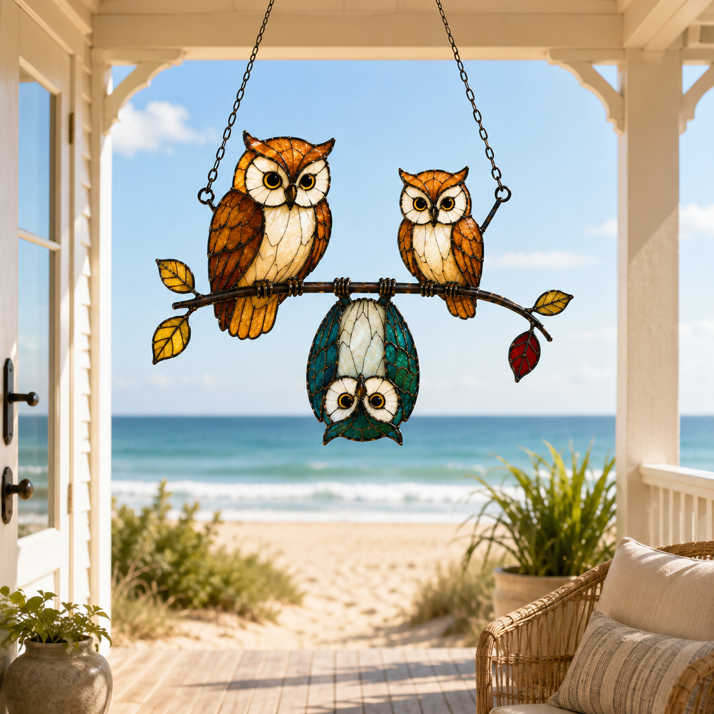 Owl Family on a Branch Holographic Acrylic Suncatcher