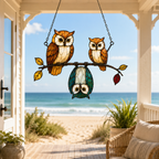 Owl Family on a Branch Holographic Acrylic Suncatcher