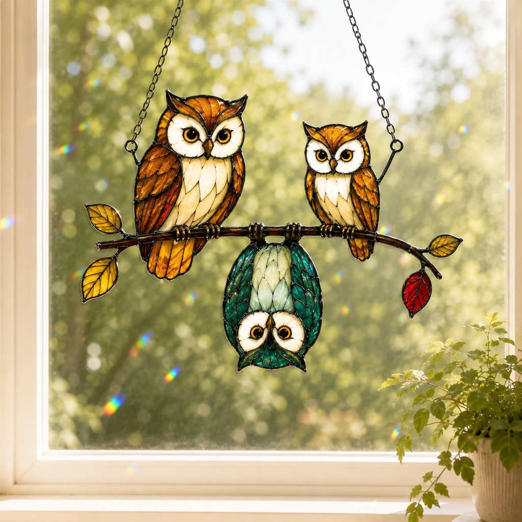 Owl Family on a Branch Holographic Acrylic Suncatcher