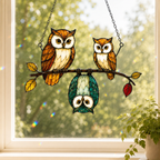 Owl Family on a Branch Holographic Acrylic Suncatcher
