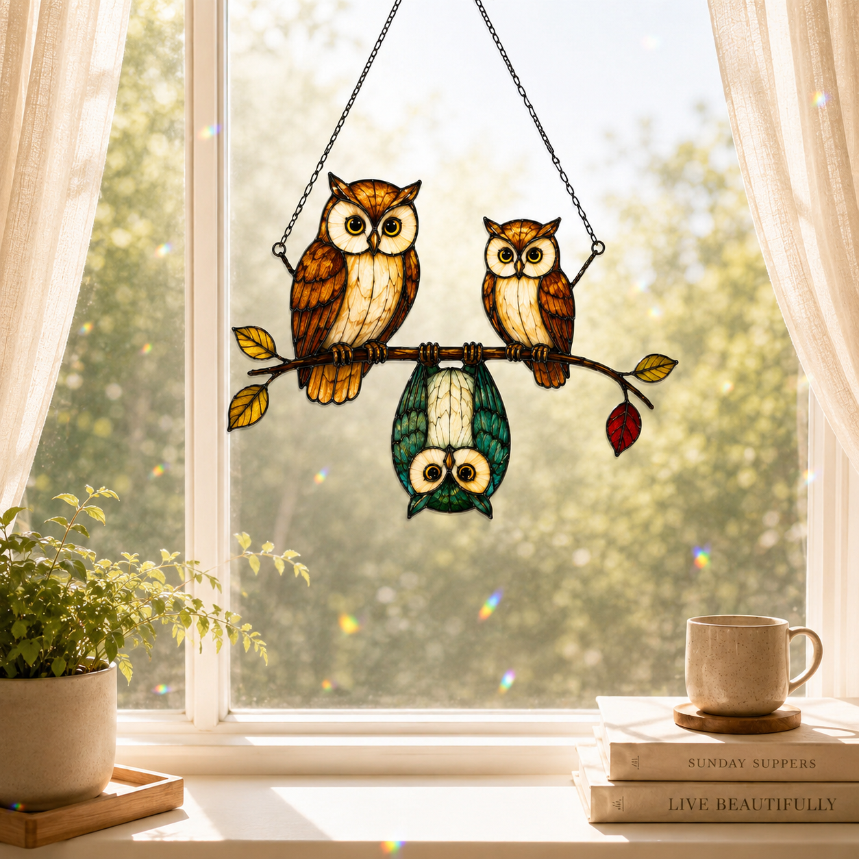 Owl Family on a Branch Holographic Acrylic Suncatcher