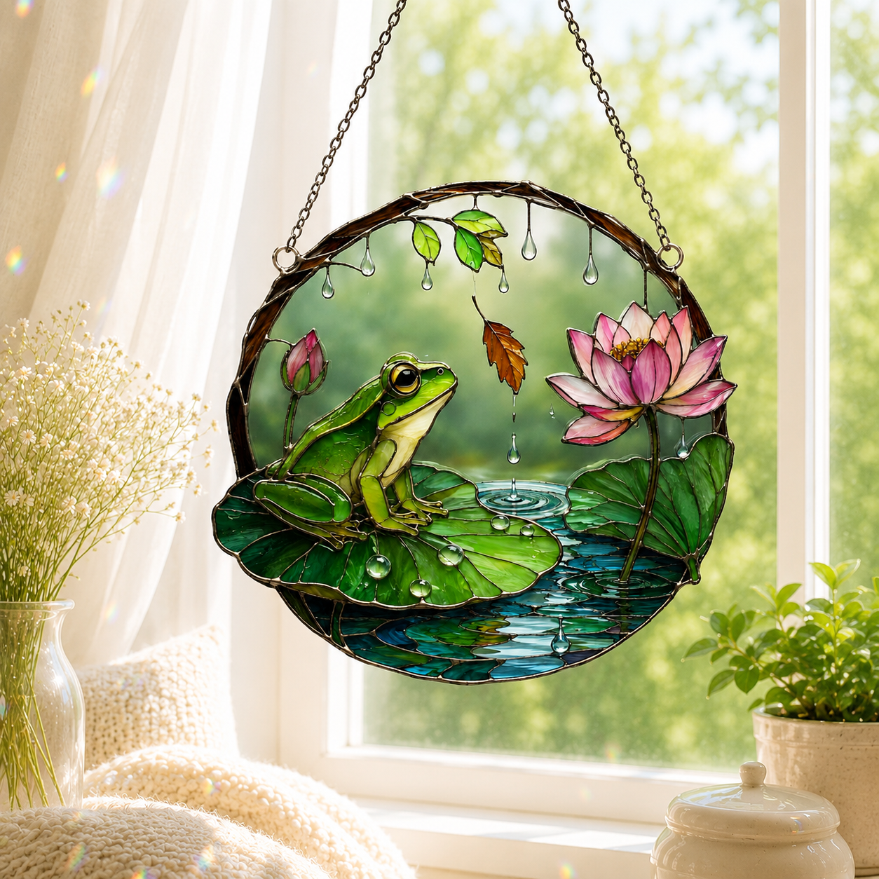 Frog on Lily Pad & Lotus Pond Holographic Acrylic Suncatcher