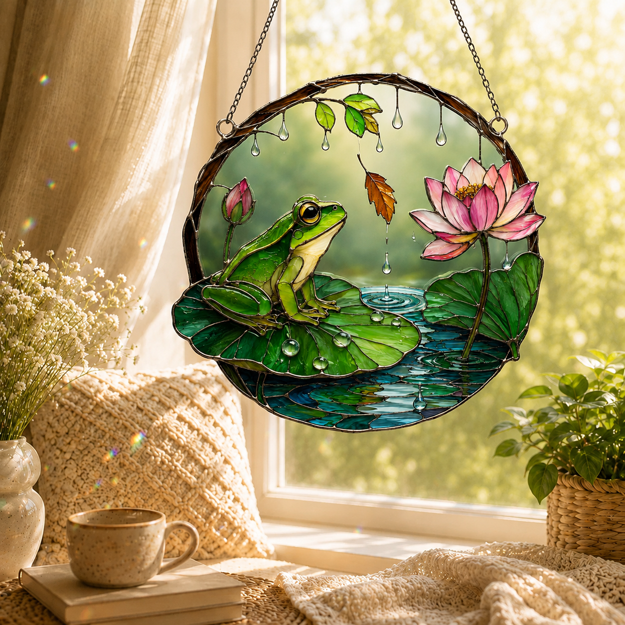 Frog on Lily Pad & Lotus Pond Holographic Acrylic Suncatcher