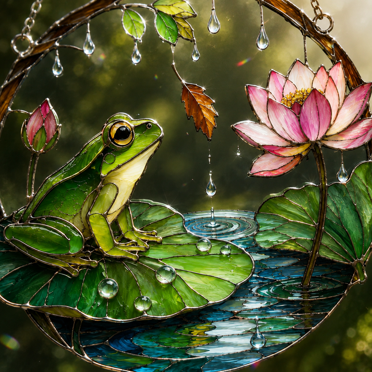 Frog on Lily Pad & Lotus Pond Holographic Acrylic Suncatcher