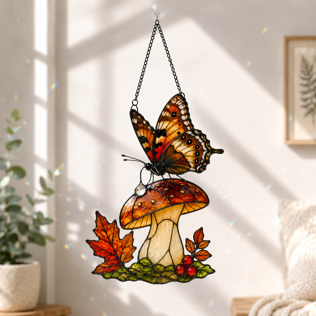 Orange Butterfly & Mushroom Holographic Acrylic Suncatcher