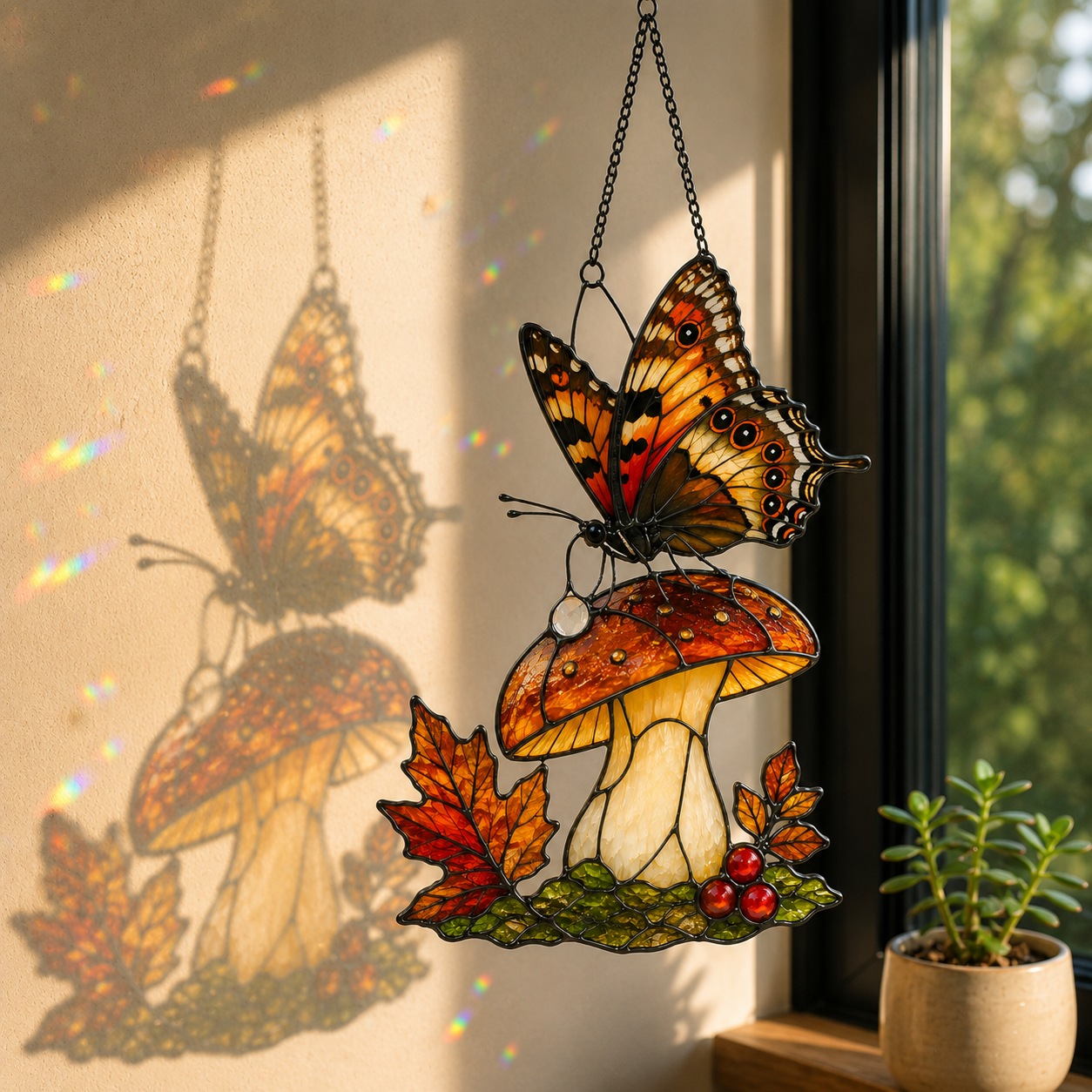 Orange Butterfly & Mushroom Holographic Acrylic Suncatcher