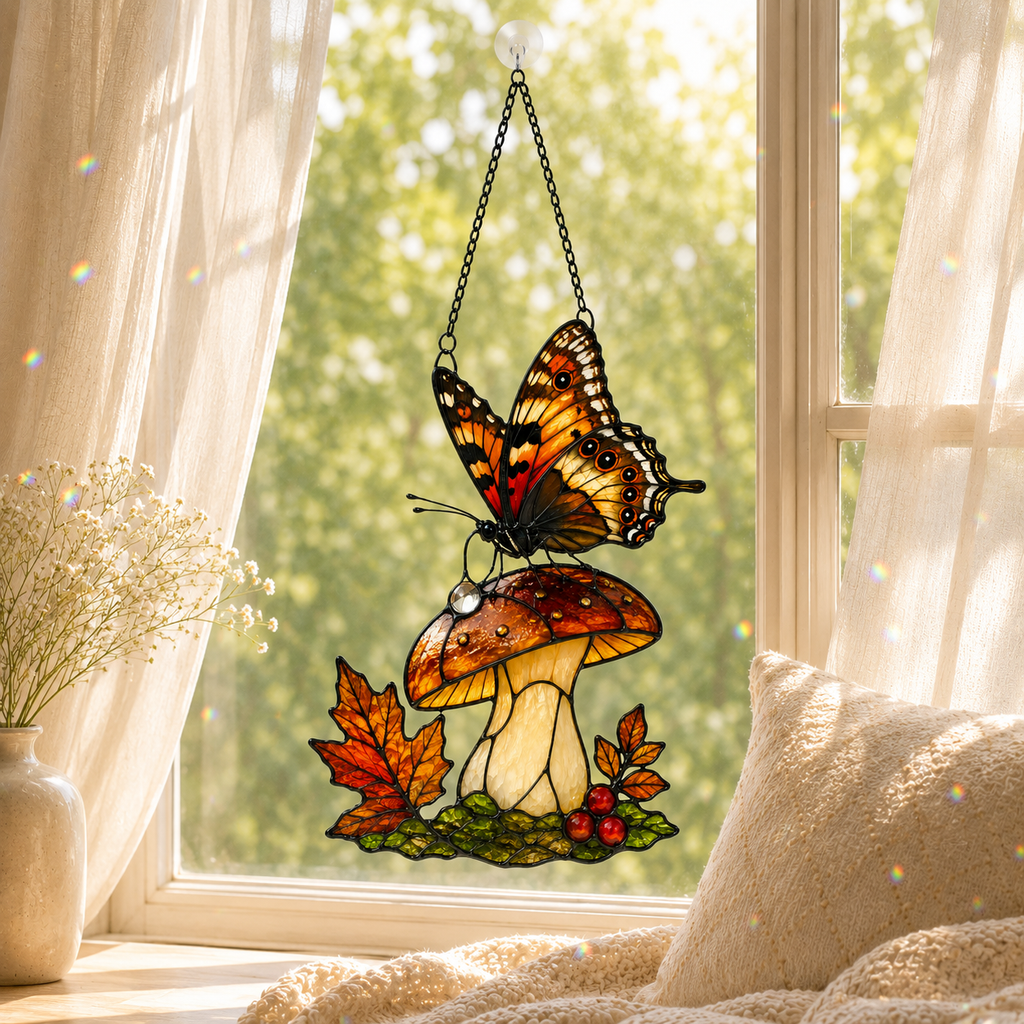 Orange Butterfly & Mushroom Holographic Acrylic Suncatcher