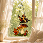 Orange Butterfly & Mushroom Holographic Acrylic Suncatcher