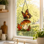 Orange Butterfly & Mushroom Holographic Acrylic Suncatcher