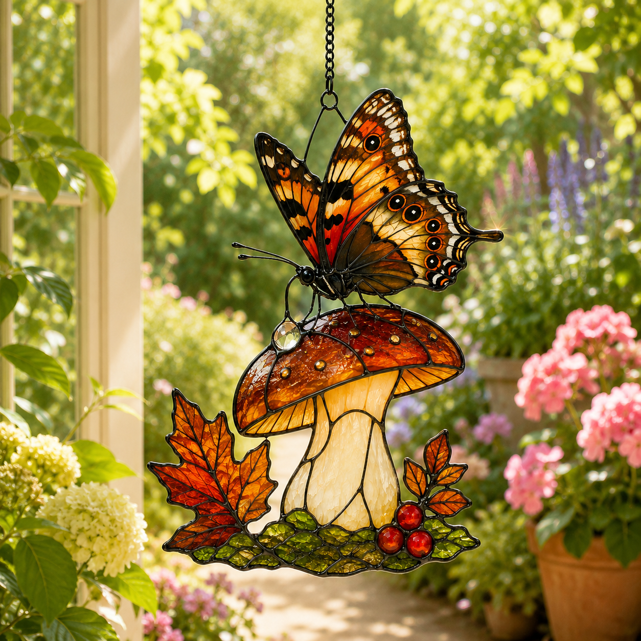 Orange Butterfly & Mushroom Holographic Acrylic Suncatcher
