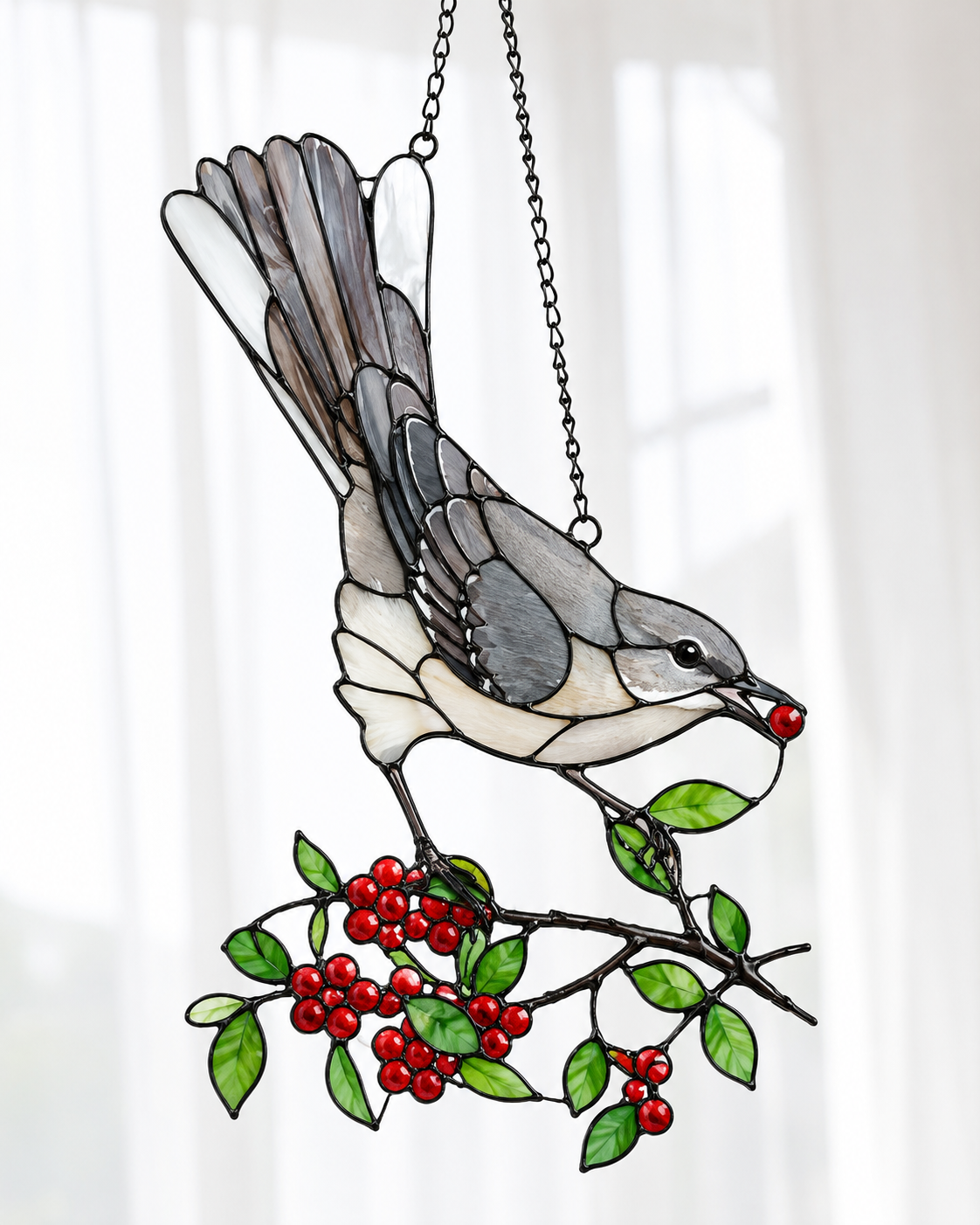 Mockingbird & Red Berries Holographic Acrylic Suncatcher