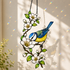 Blue Tit & Blossom Holographic Acrylic Suncatcher