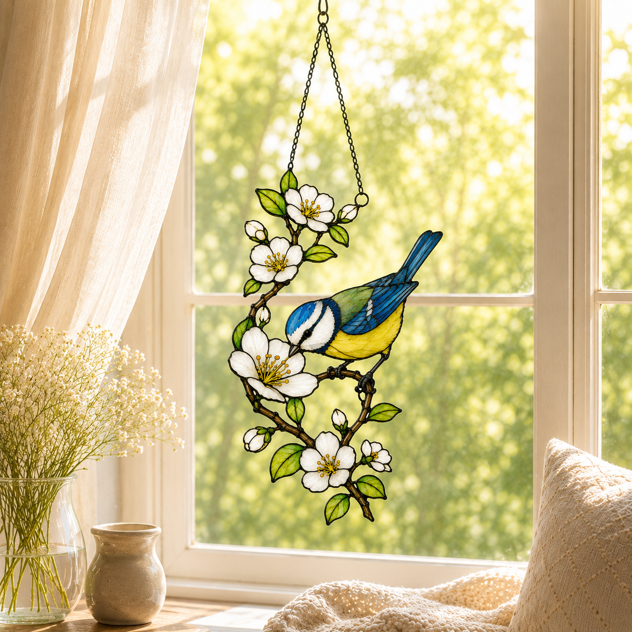 Blue Tit & Blossom Holographic Acrylic Suncatcher