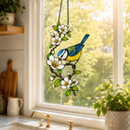 Blue Tit & Blossom Holographic Acrylic Suncatcher