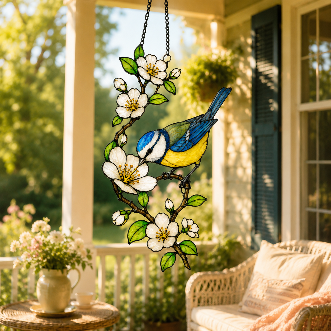 Blue Tit & Blossom Holographic Acrylic Suncatcher