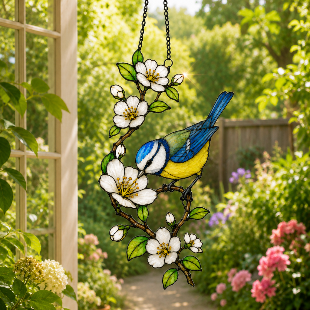 Blue Tit & Blossom Holographic Acrylic Suncatcher