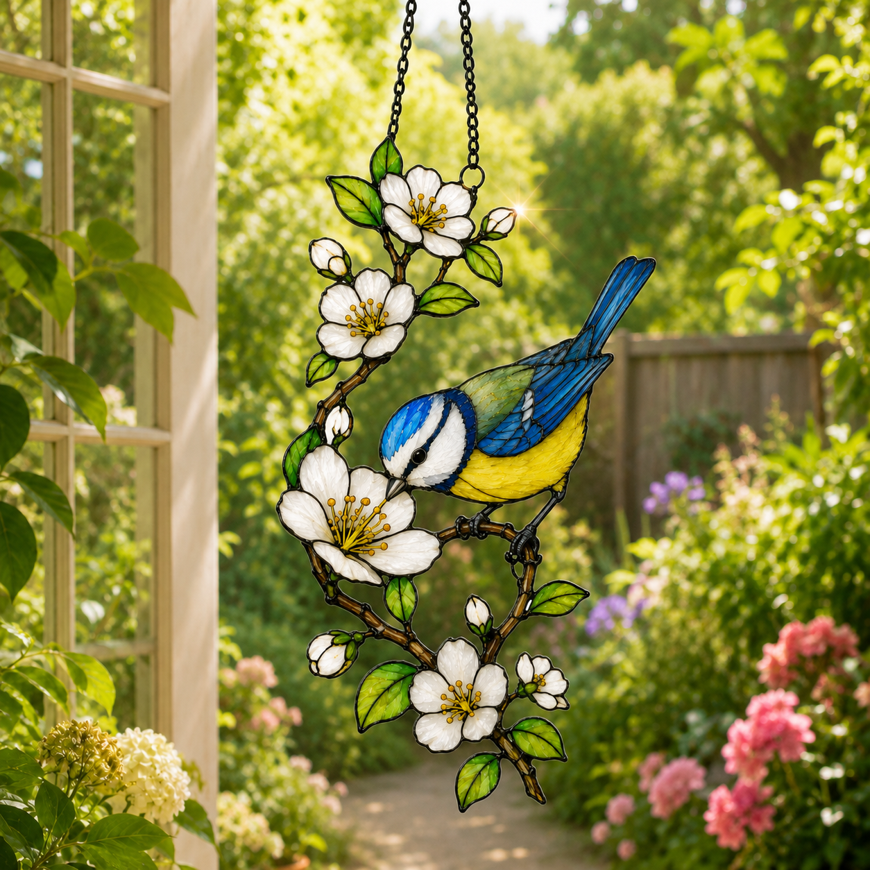 Blue Tit & Blossom Holographic Acrylic Suncatcher
