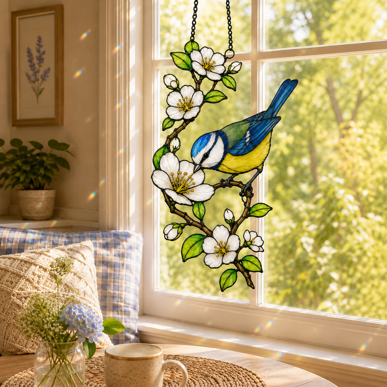 Blue Tit & Blossom Holographic Acrylic Suncatcher