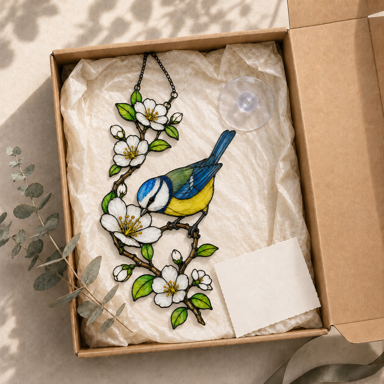Blue Tit & Blossom Holographic Acrylic Suncatcher