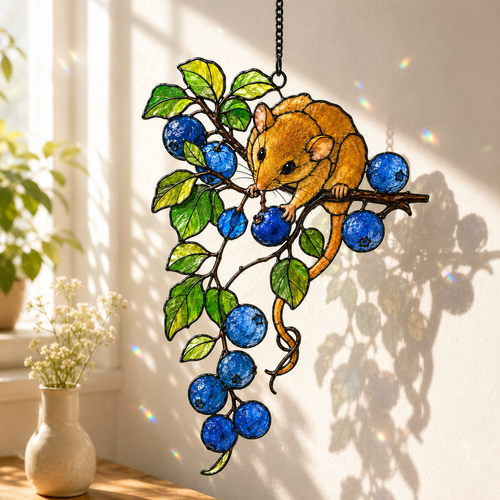Dormouse & Blueberries Holographic Acrylic Suncatcher