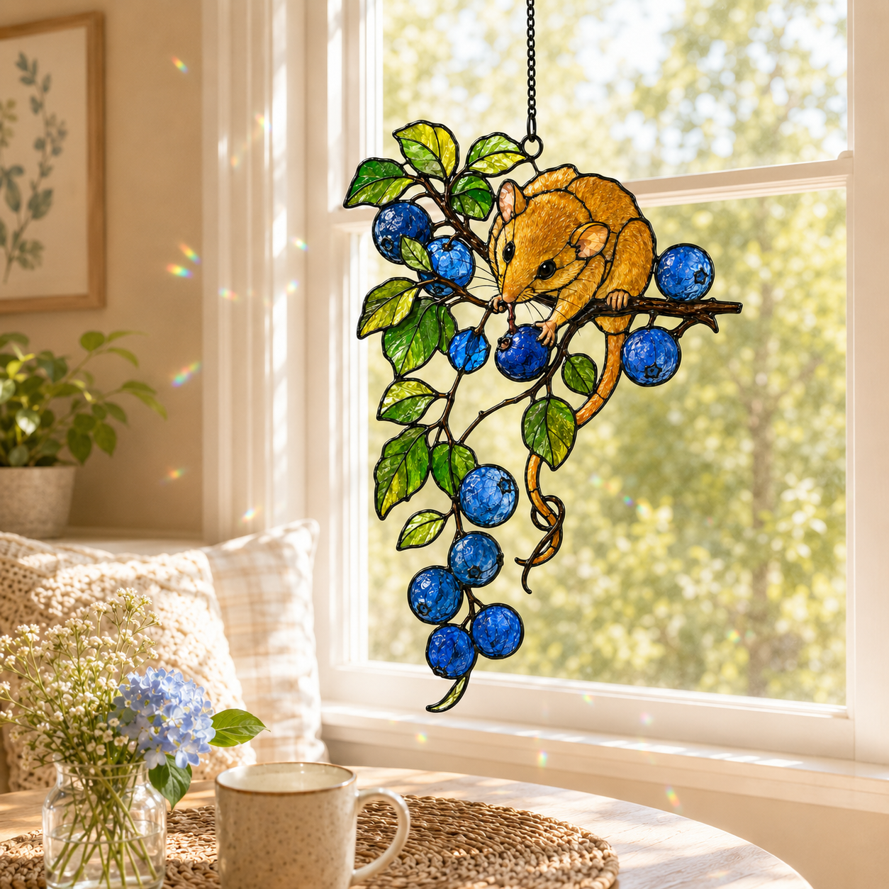 Dormouse & Blueberries Holographic Acrylic Suncatcher