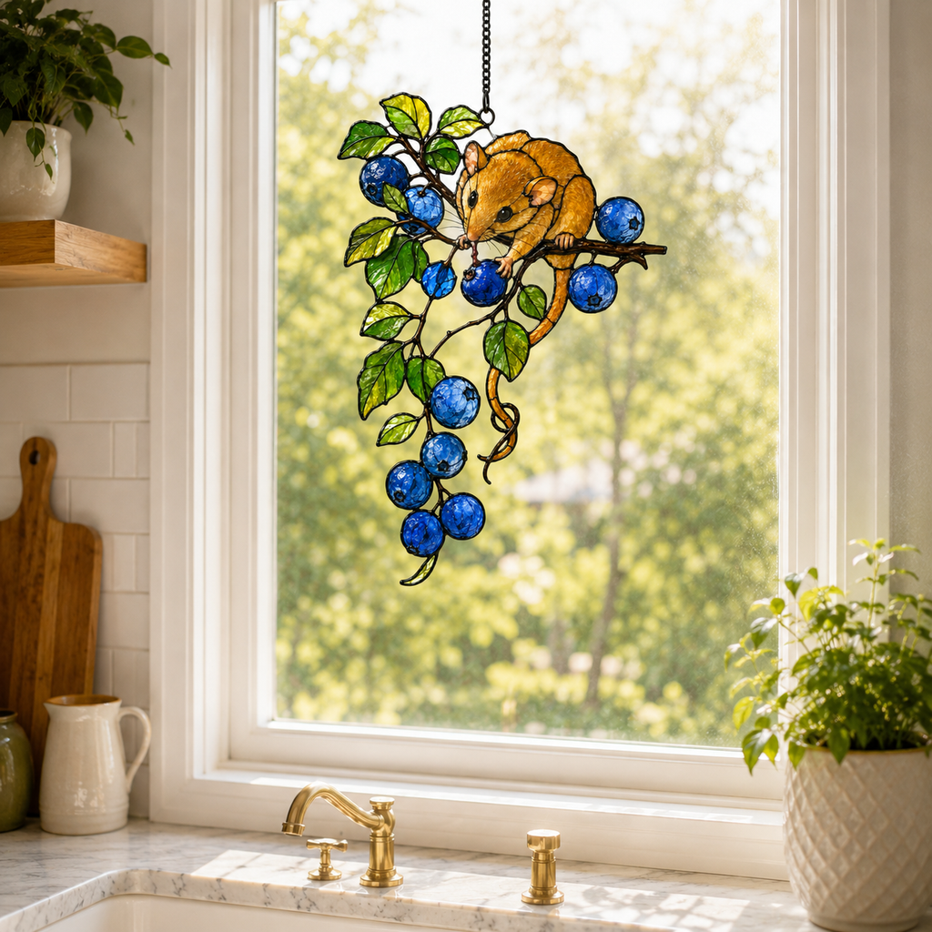 Dormouse & Blueberries Holographic Acrylic Suncatcher