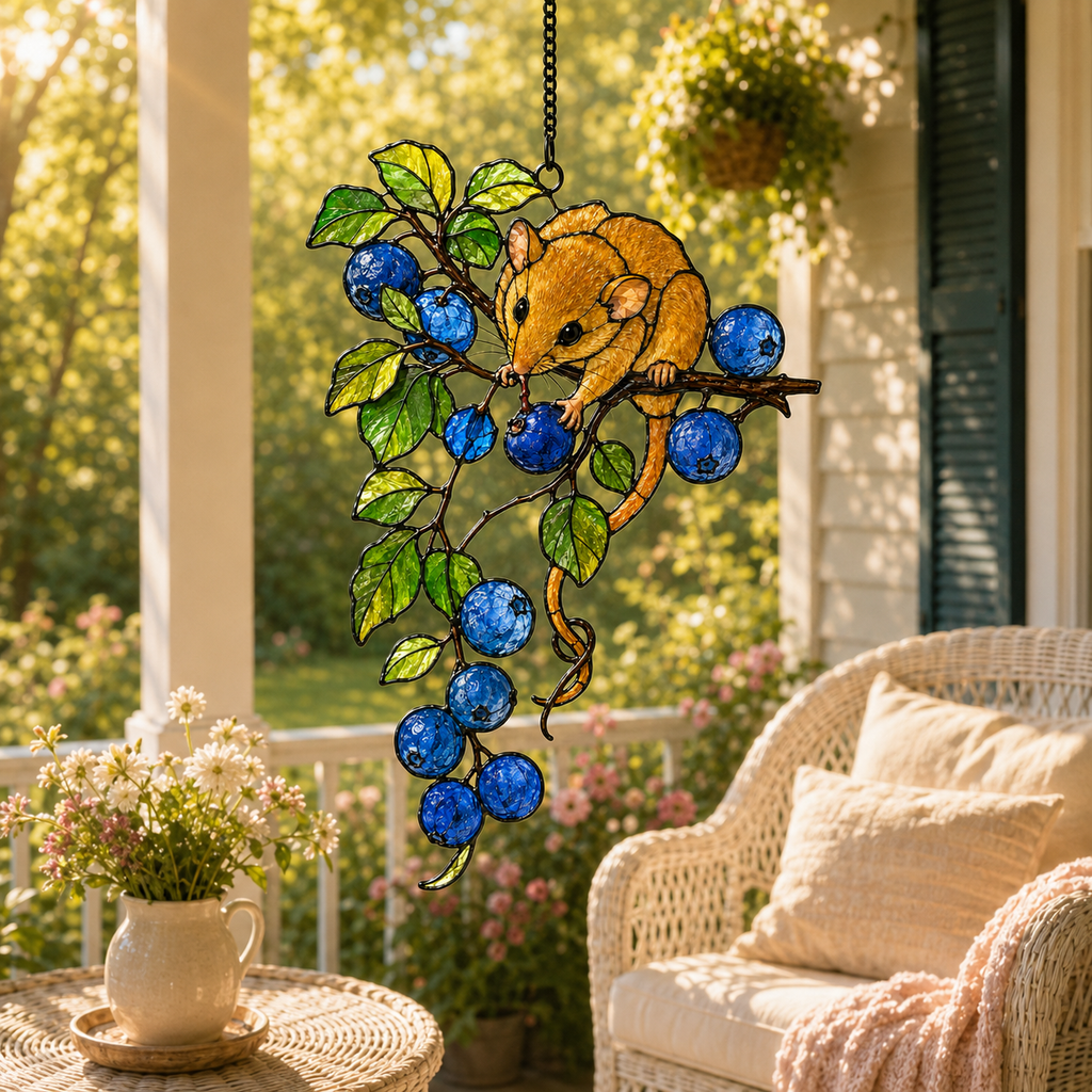 Dormouse & Blueberries Holographic Acrylic Suncatcher
