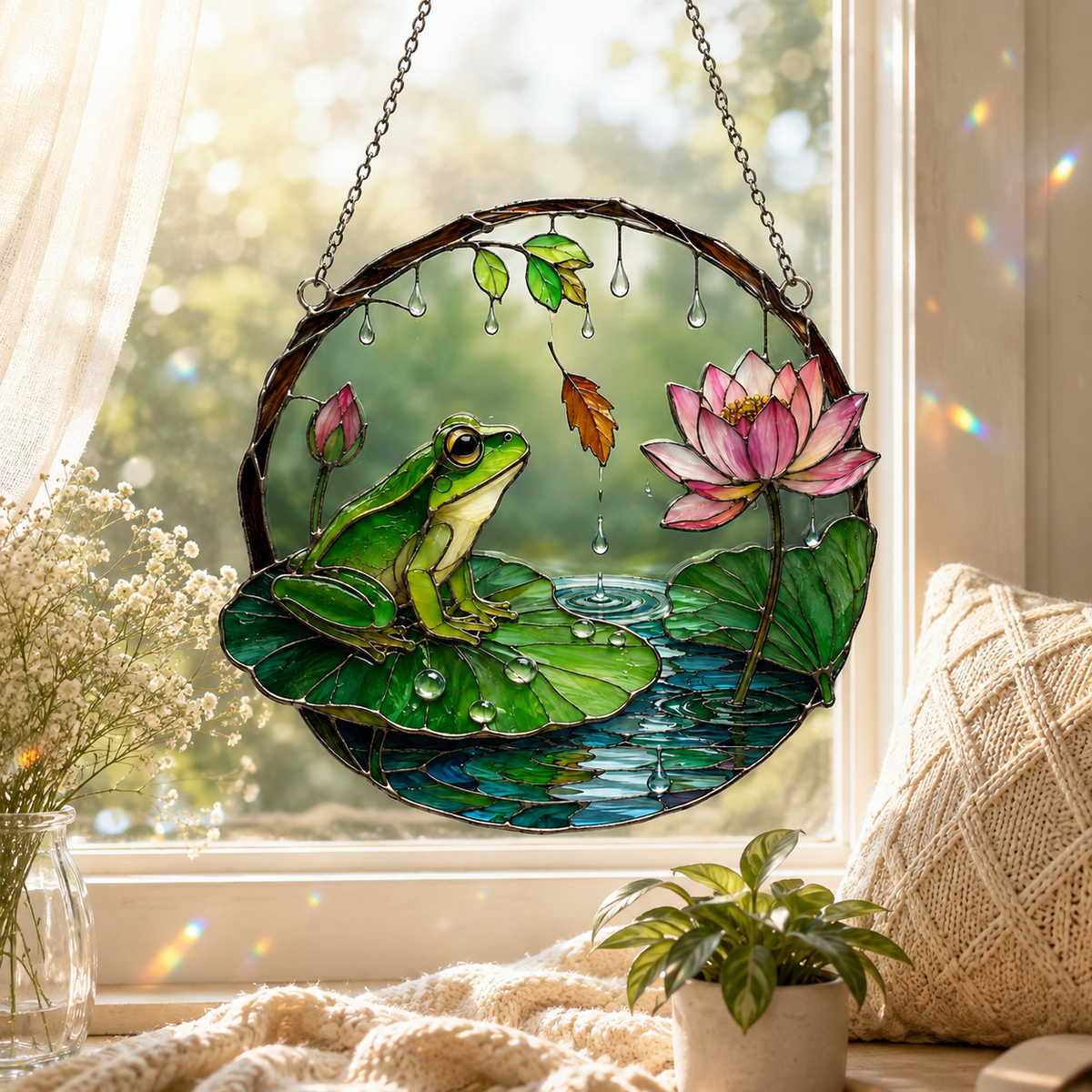 Frog on Lily Pad & Lotus Pond Holographic Acrylic Suncatcher