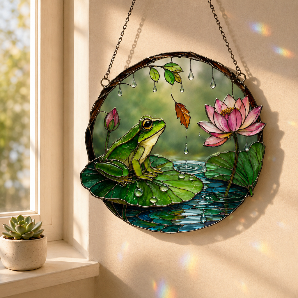 Frog on Lily Pad & Lotus Pond Holographic Acrylic Suncatcher