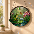 Frog on Lily Pad & Lotus Pond Holographic Acrylic Suncatcher